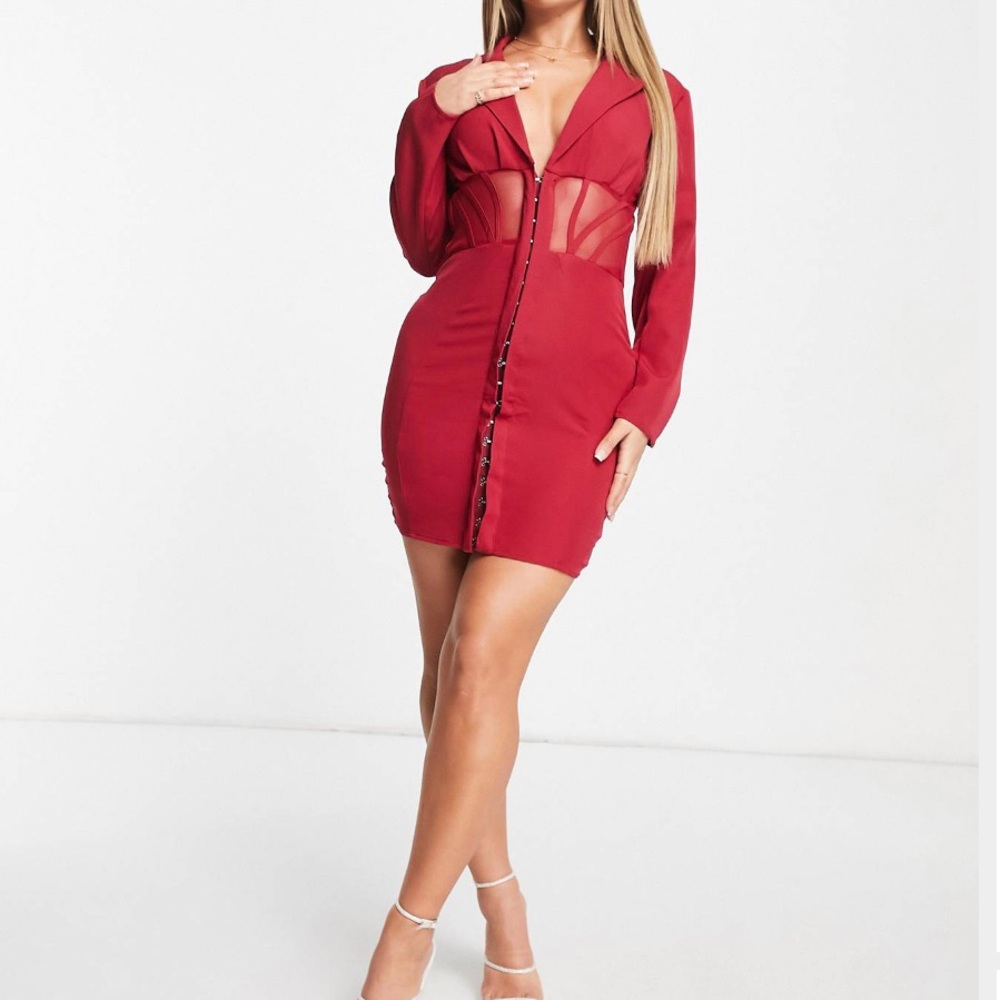 Femme Luxe corset detail blazer dress in burgundy